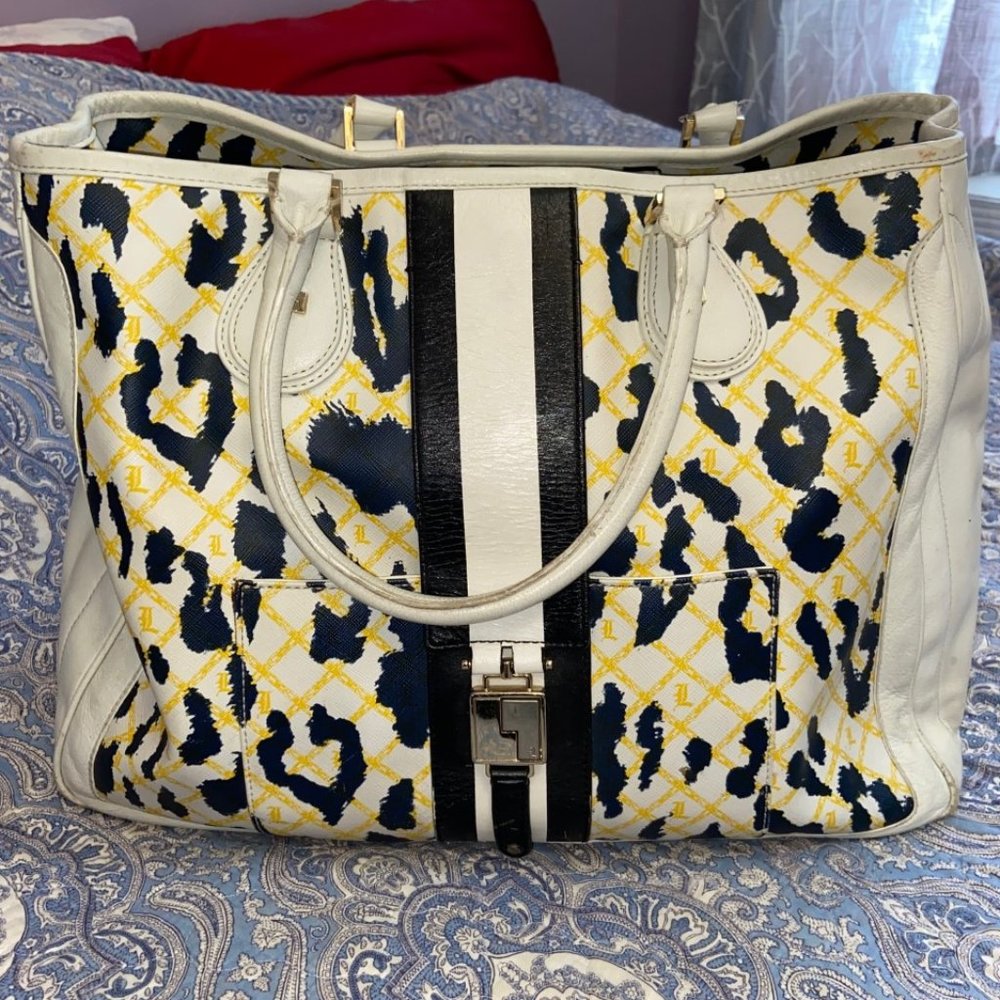L.A.M.B. Gwen Stefani Mandeville White Leopard Print Large Tote Handbag RARE